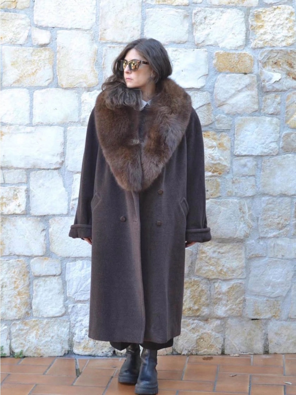 Vintage Dark Brown Wool Peacoat with Fur Trim
